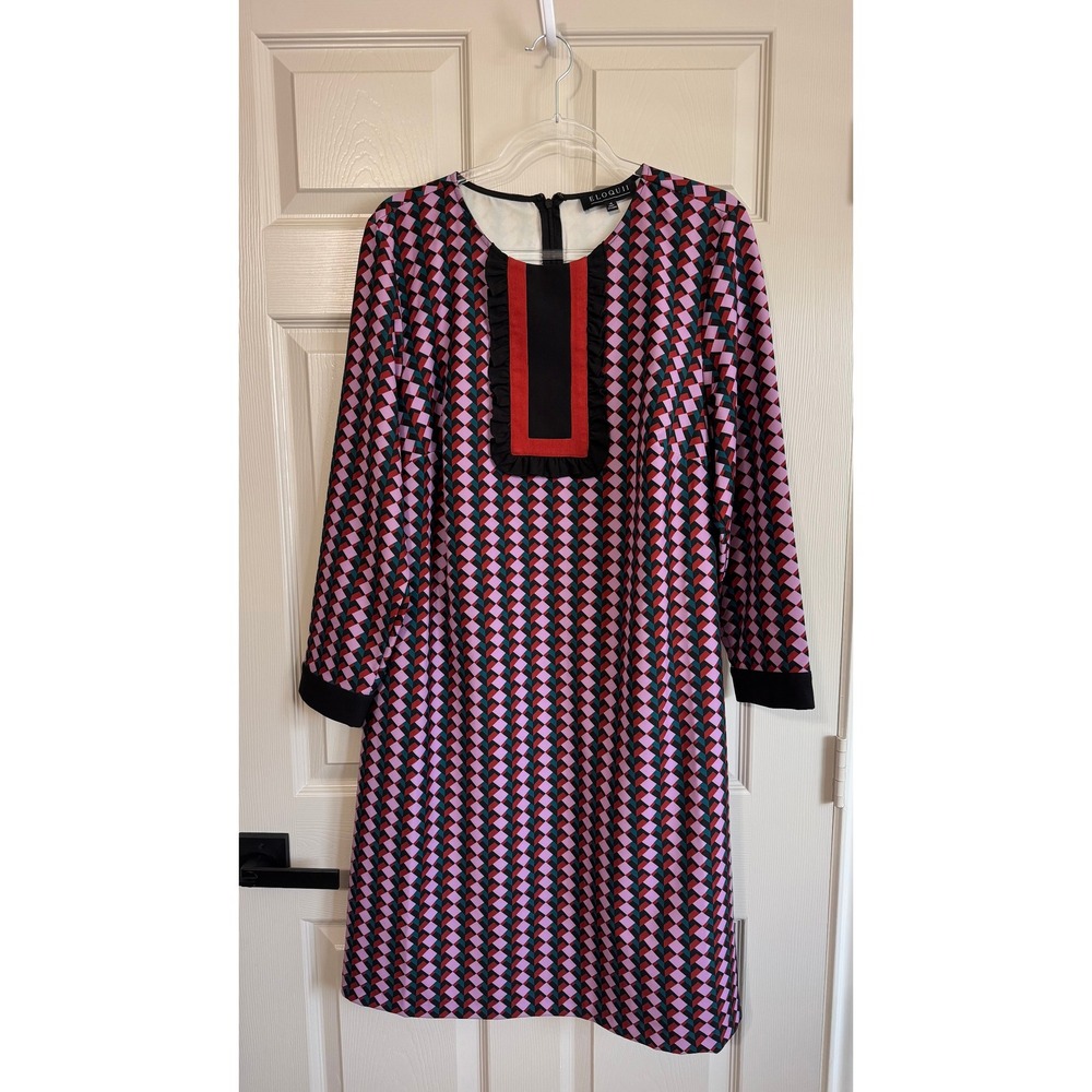 Eloquii Pink Geometric Chevron Ruffle Bib Shift Dress 16 Retro Casual Office